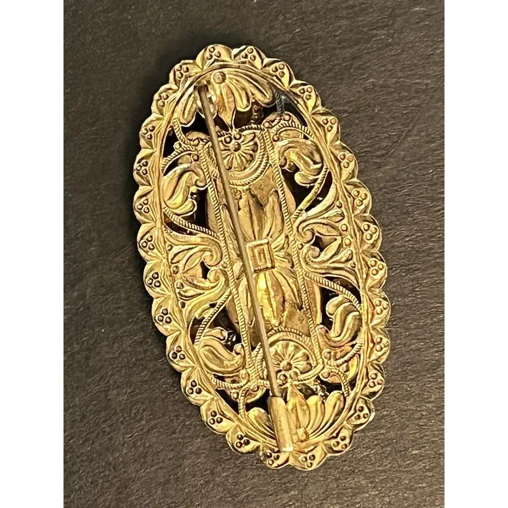 Vintage Millefiori Glass Cabuchon Brass Large Pin Brooch Gold Tone 2.5”